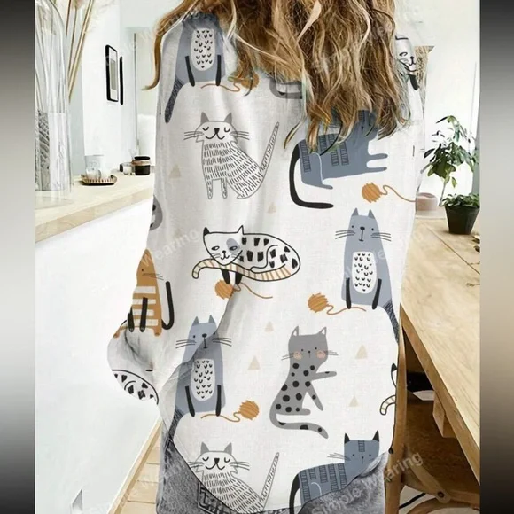 Classic Pop Art Cat Print Long Sleeve Tee T Shirt Top Blouse - Picture 2 of 6